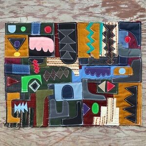 Mixed Fabric Collage Wall Art Abstract Geometric OOAK 14.5" x 19"
